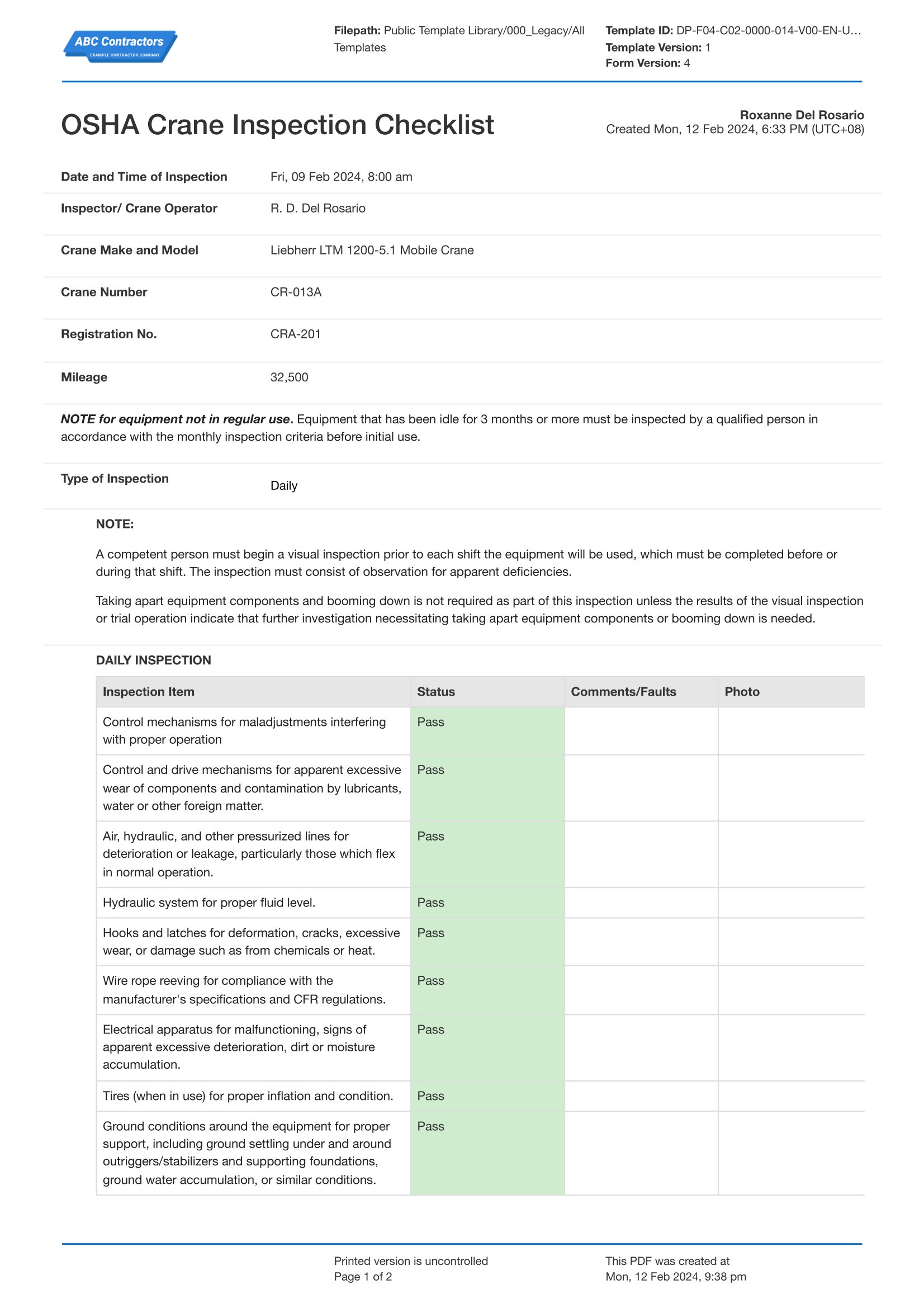 OSHA Crane Inspection checklist template