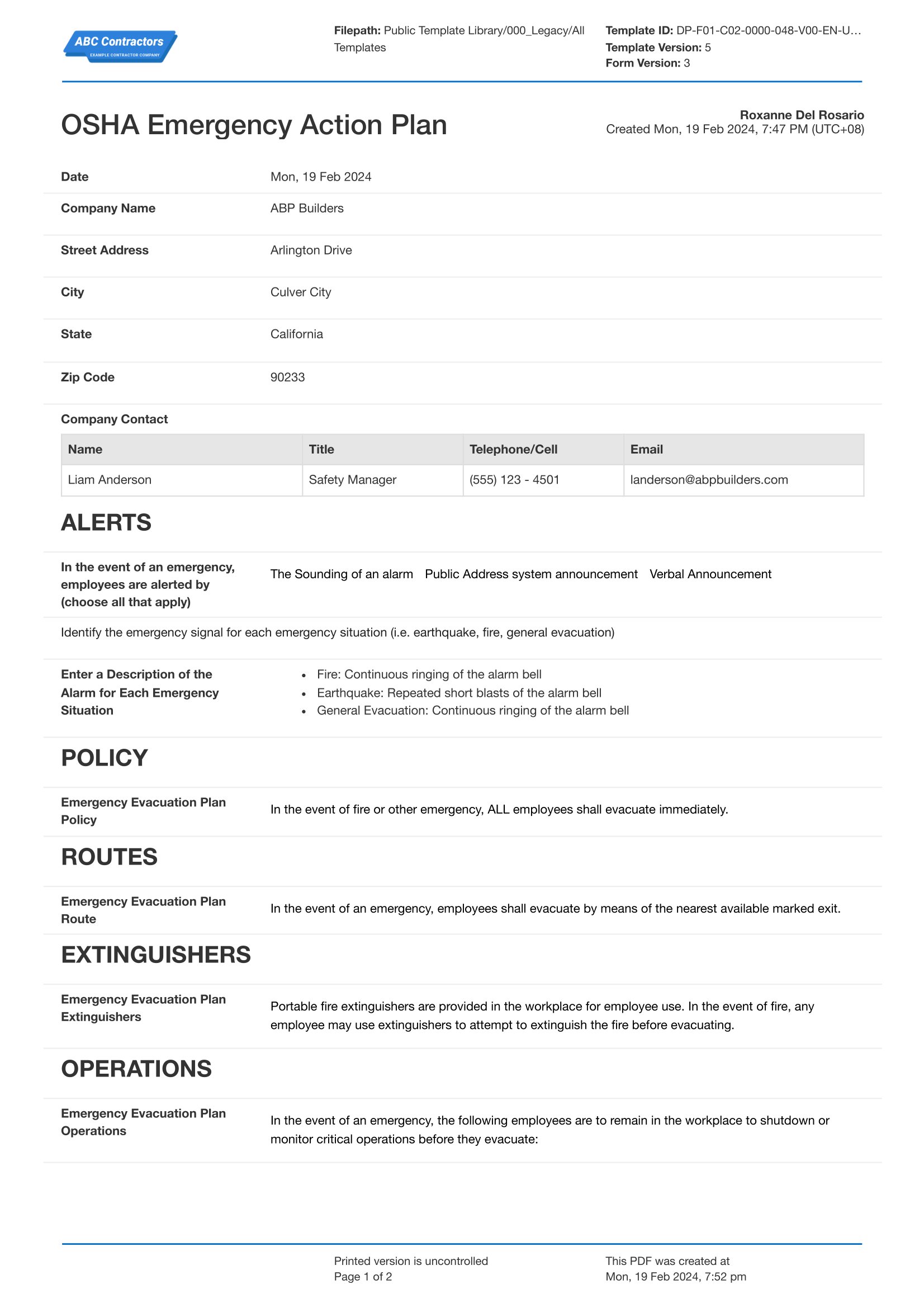 OSHA Emergency Action Plan template