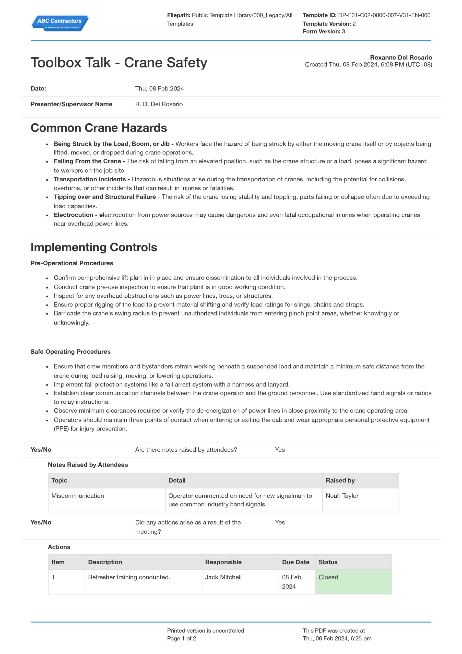 Toolbox Talk Crane Safety Template