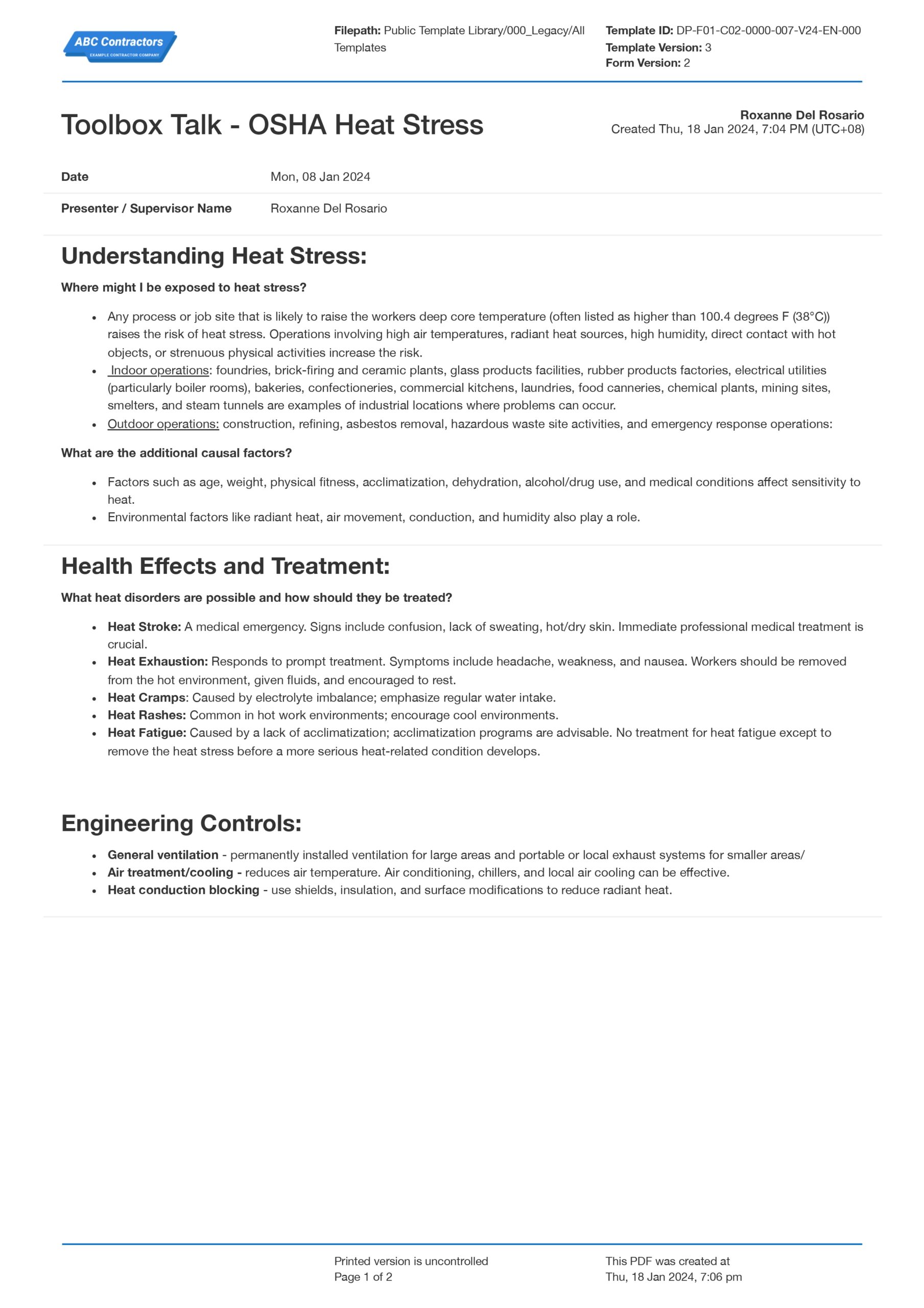 Toolbox talk OSHA heat stress template