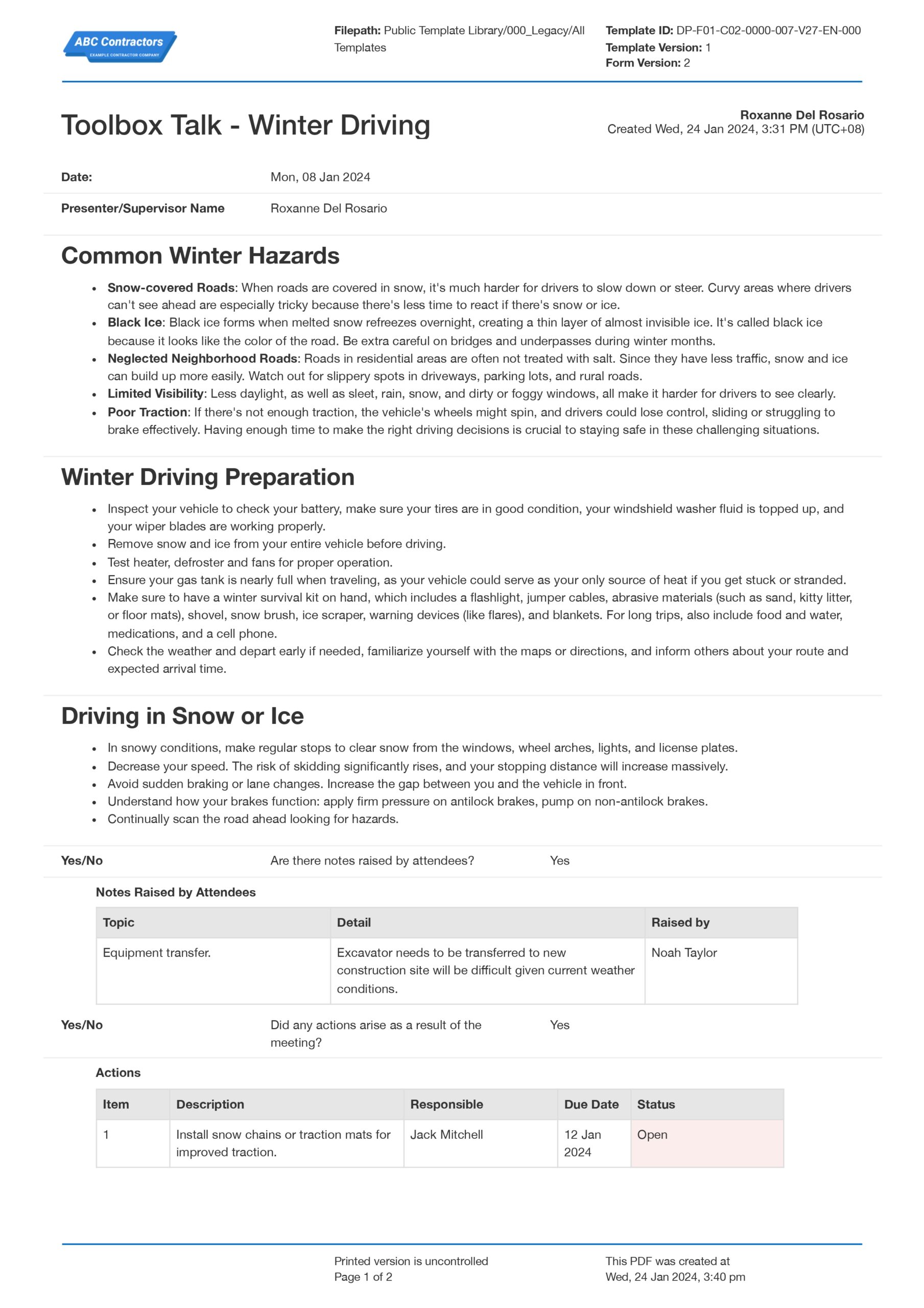 Toolbox talk winter driving template