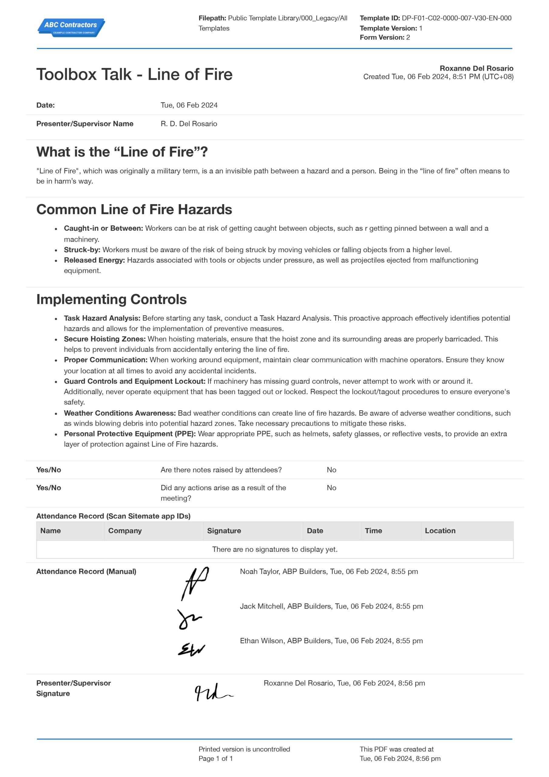 Line of fire toolbox talk template