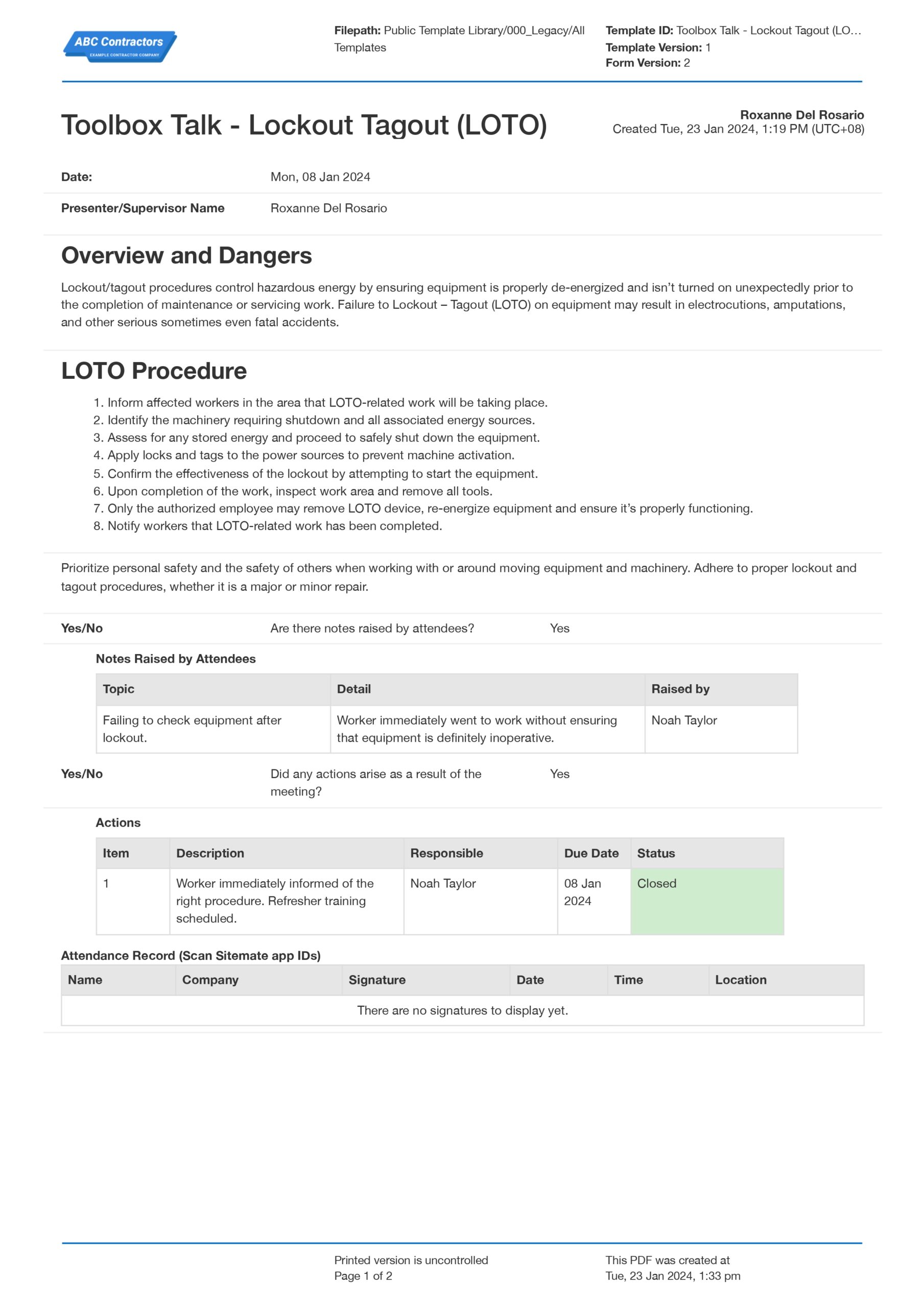 lockout tagout toolbox talk template