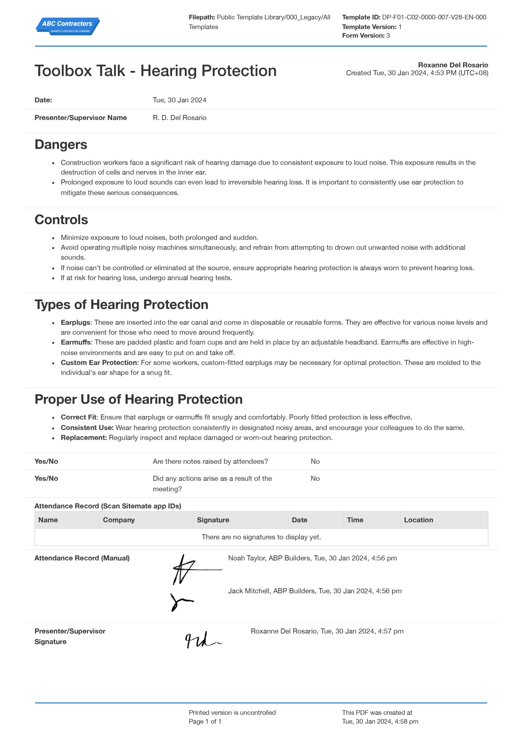 Toolbox talk hearing protection template