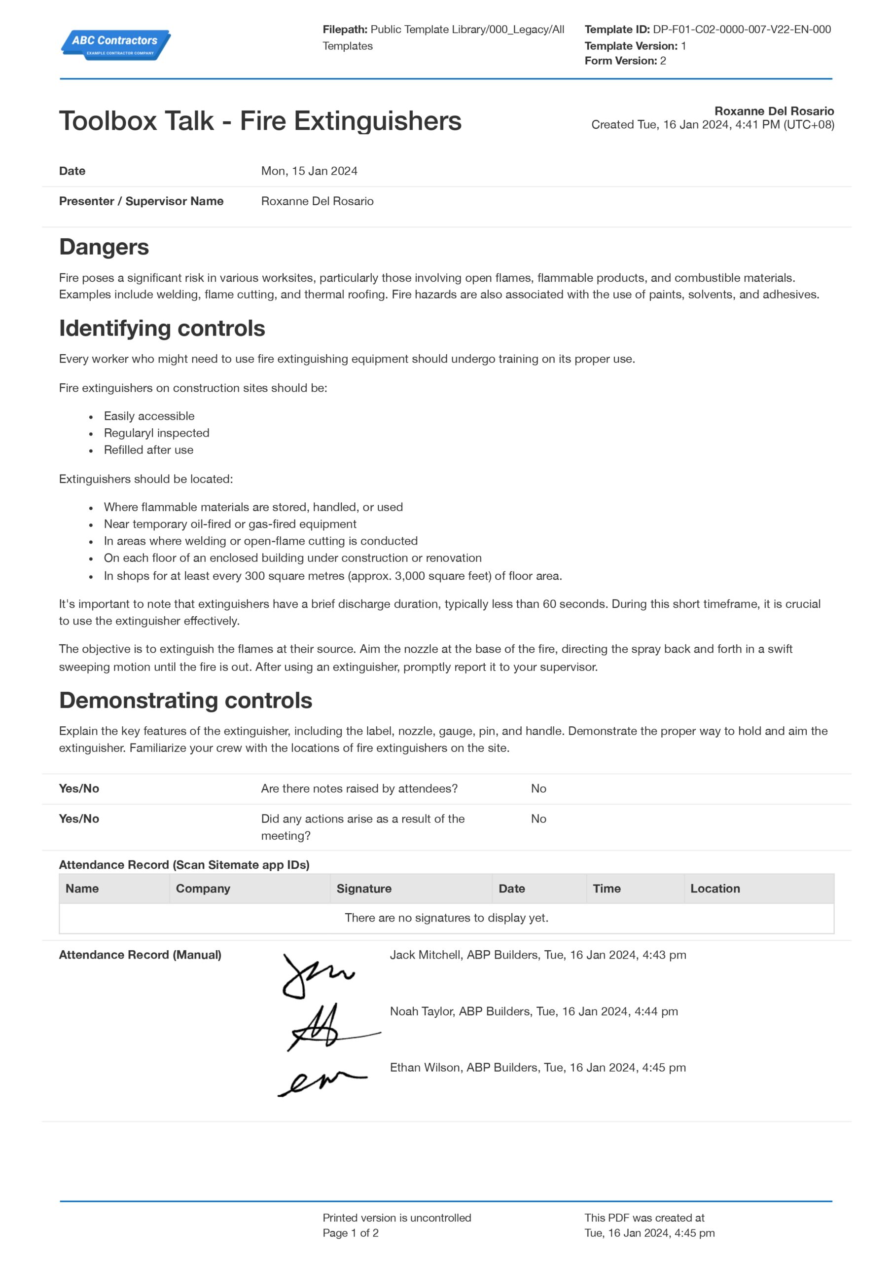 Toolbox talks fire extinguishers template