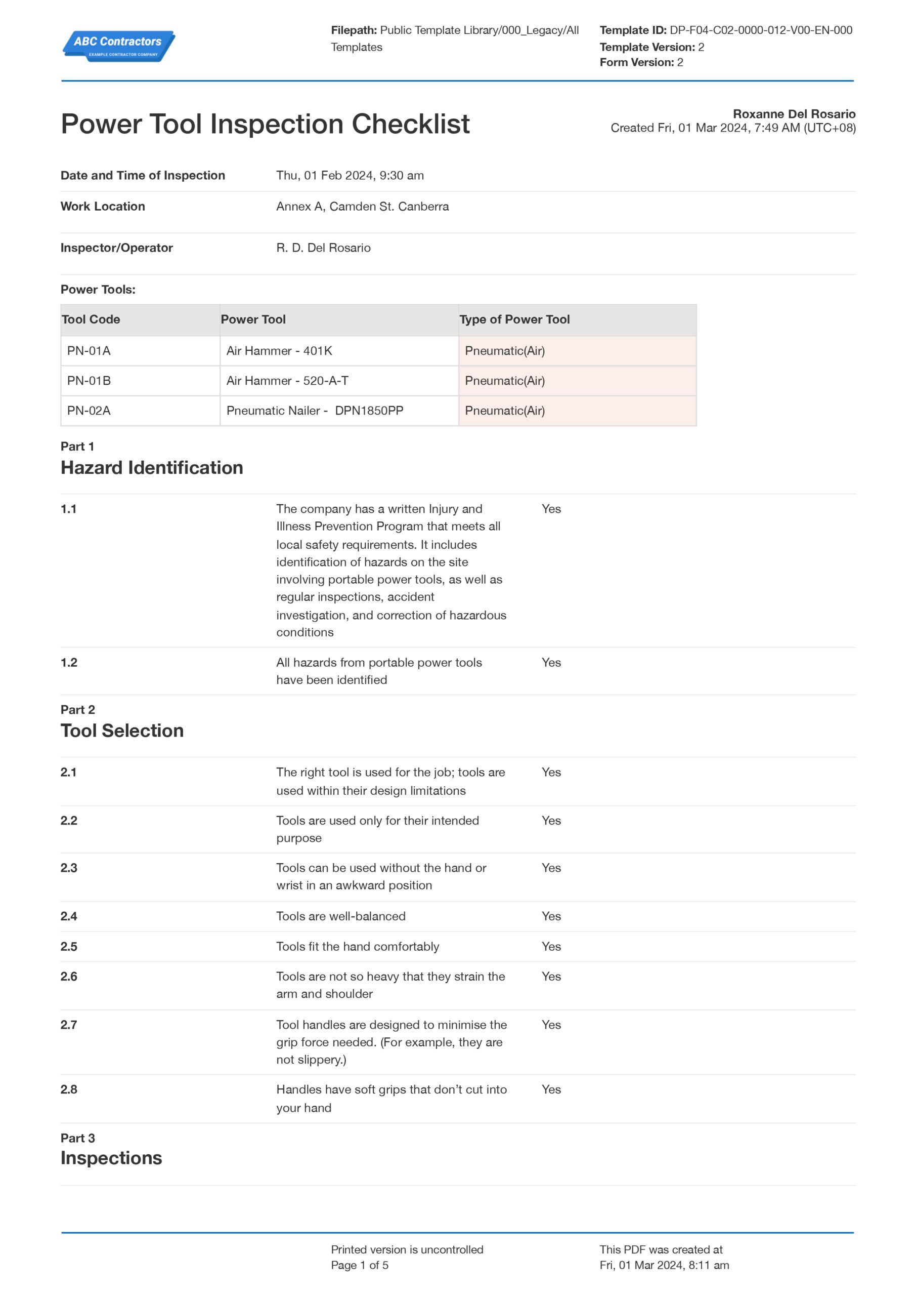 Power Tool Inspection Checklist