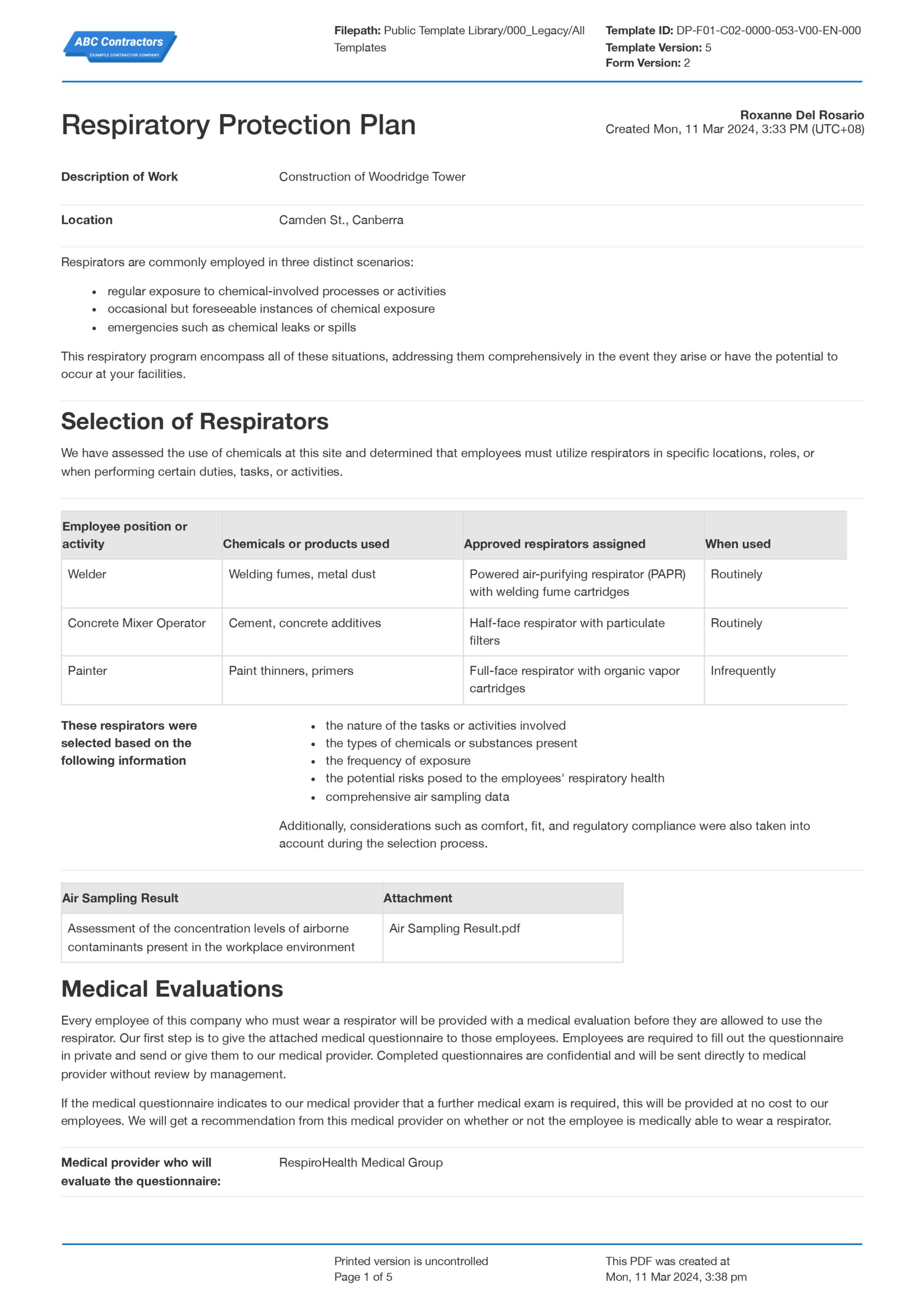 Respiratory protection plan