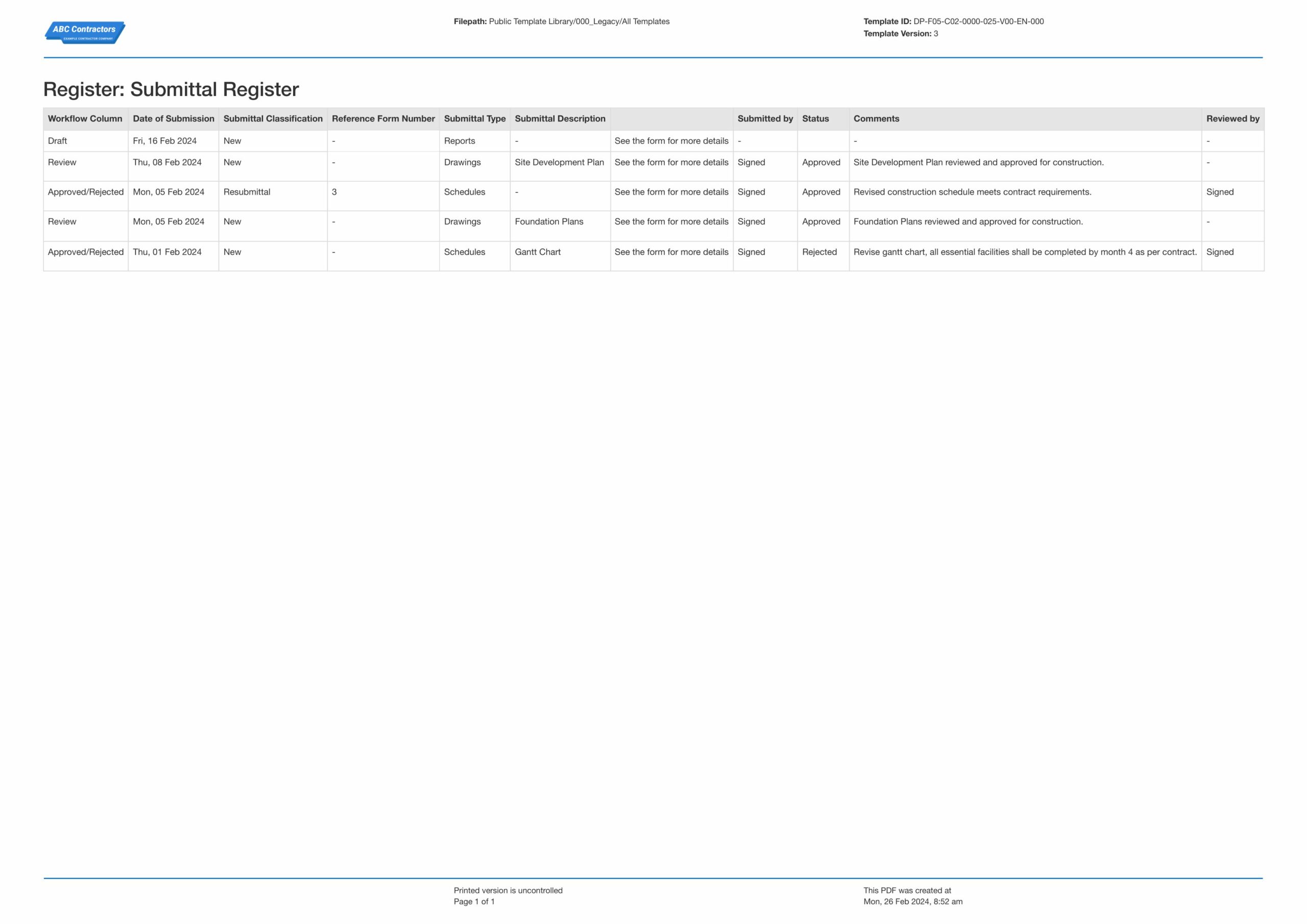 Submittal Log template