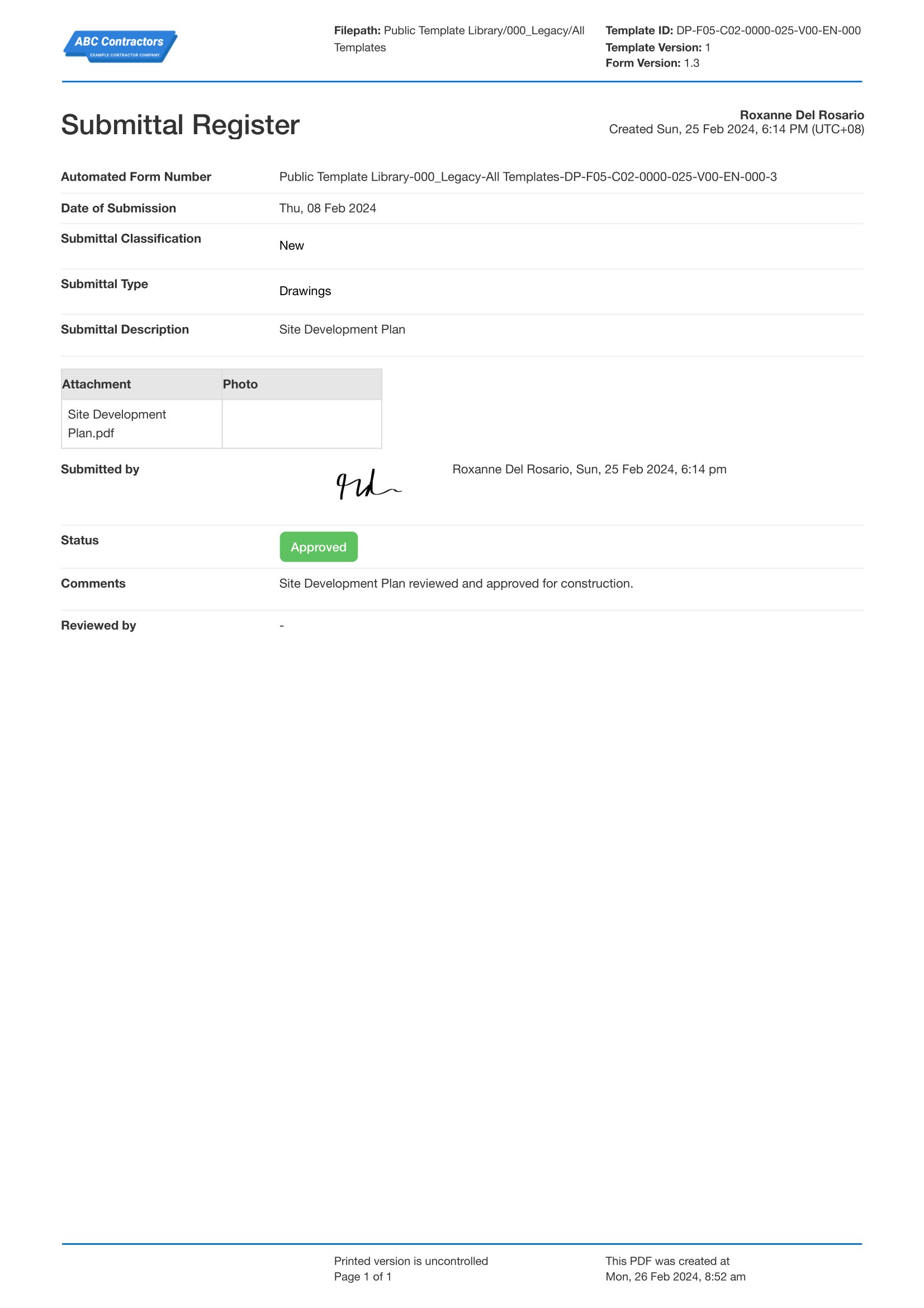Submittal log