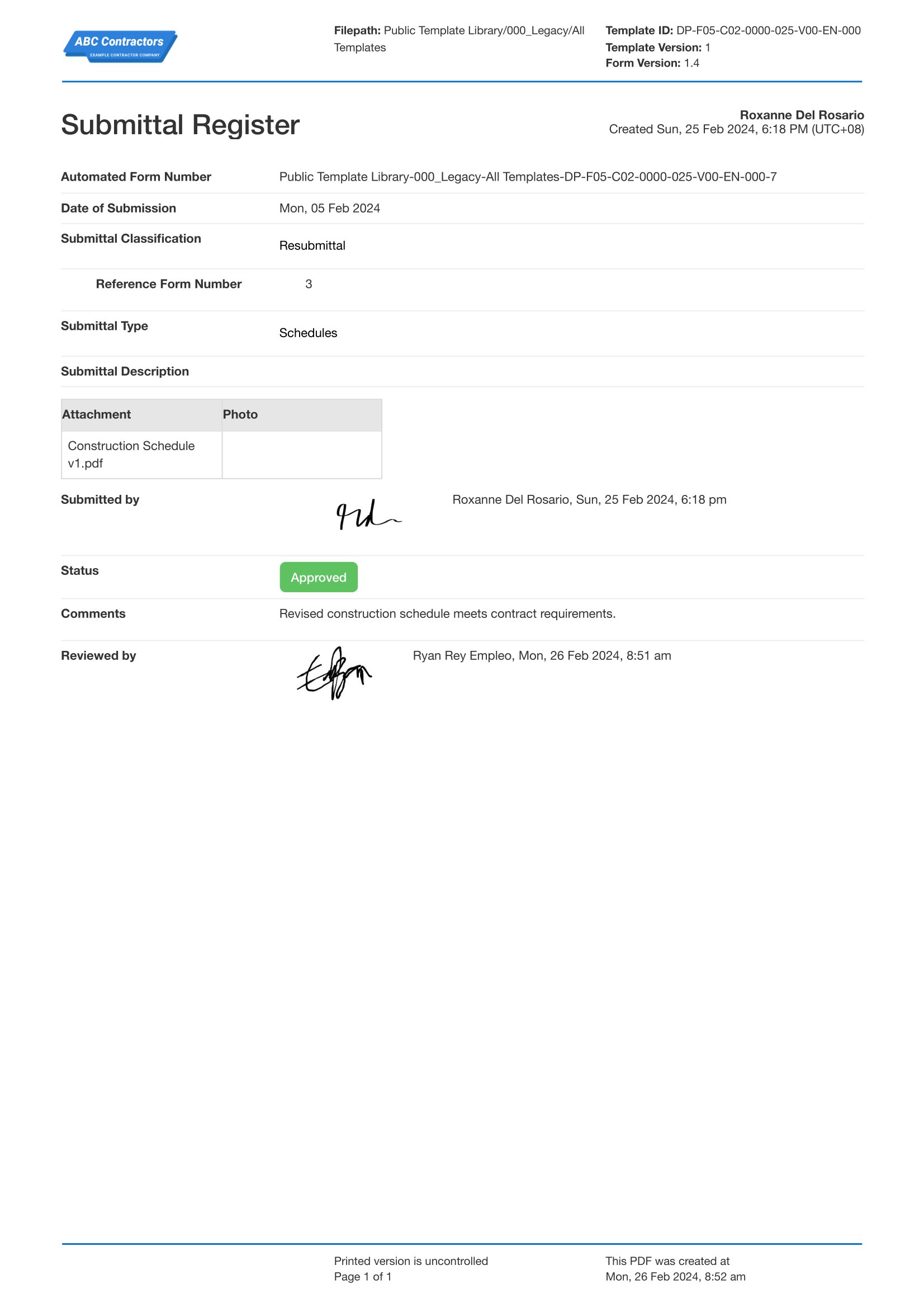 Submittal log example