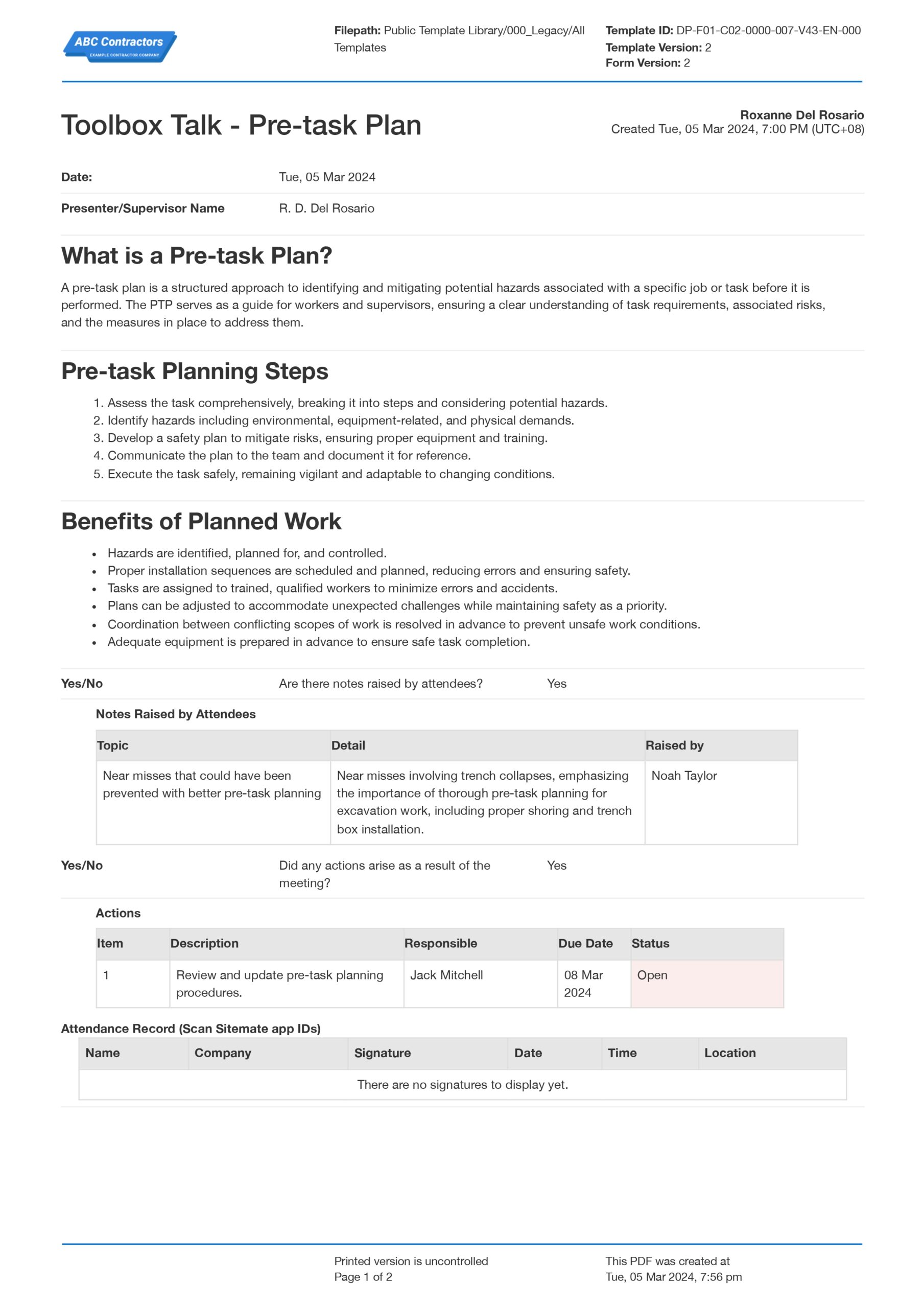 Toolbox talk pre-task plan template