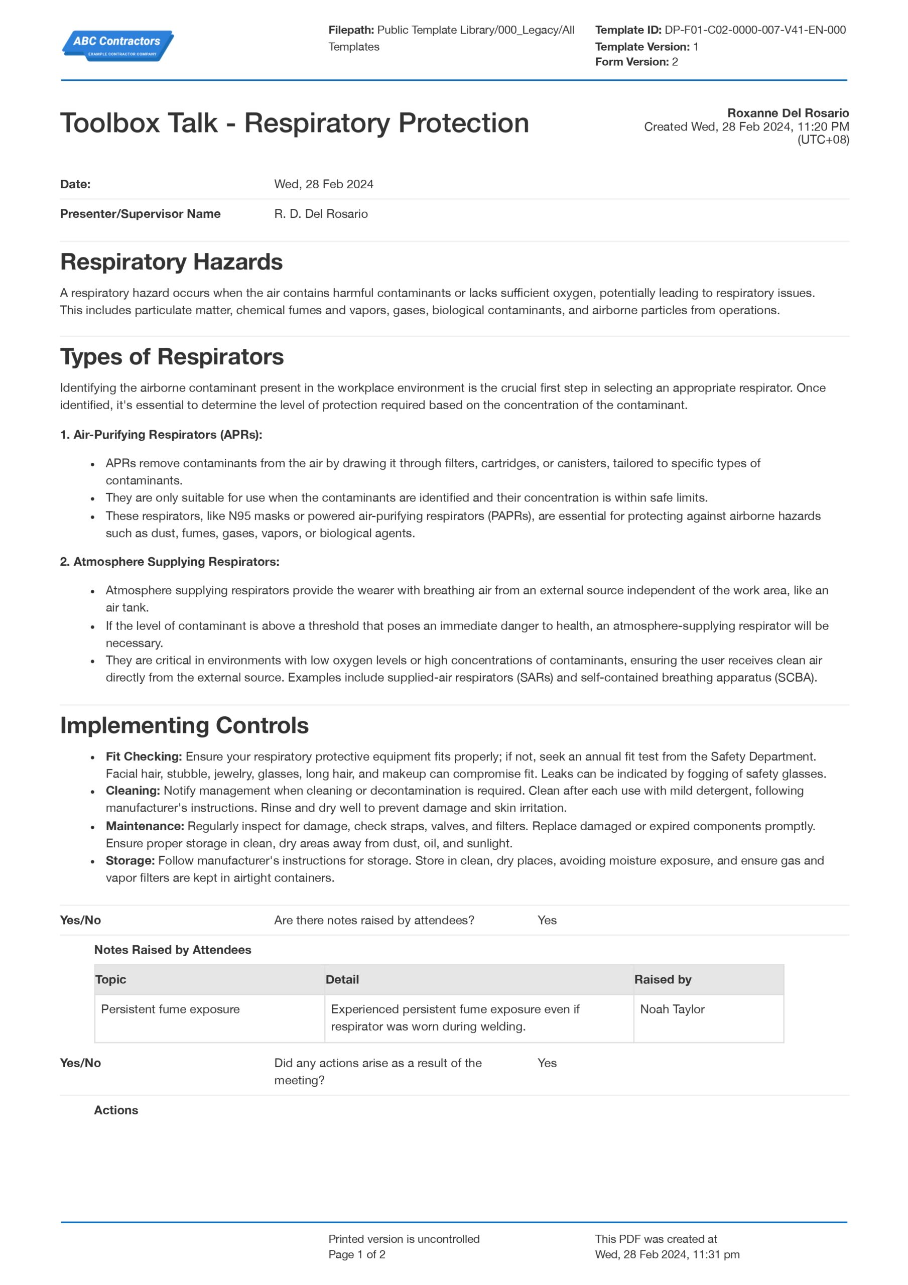 Toolbox talk respiratory protection