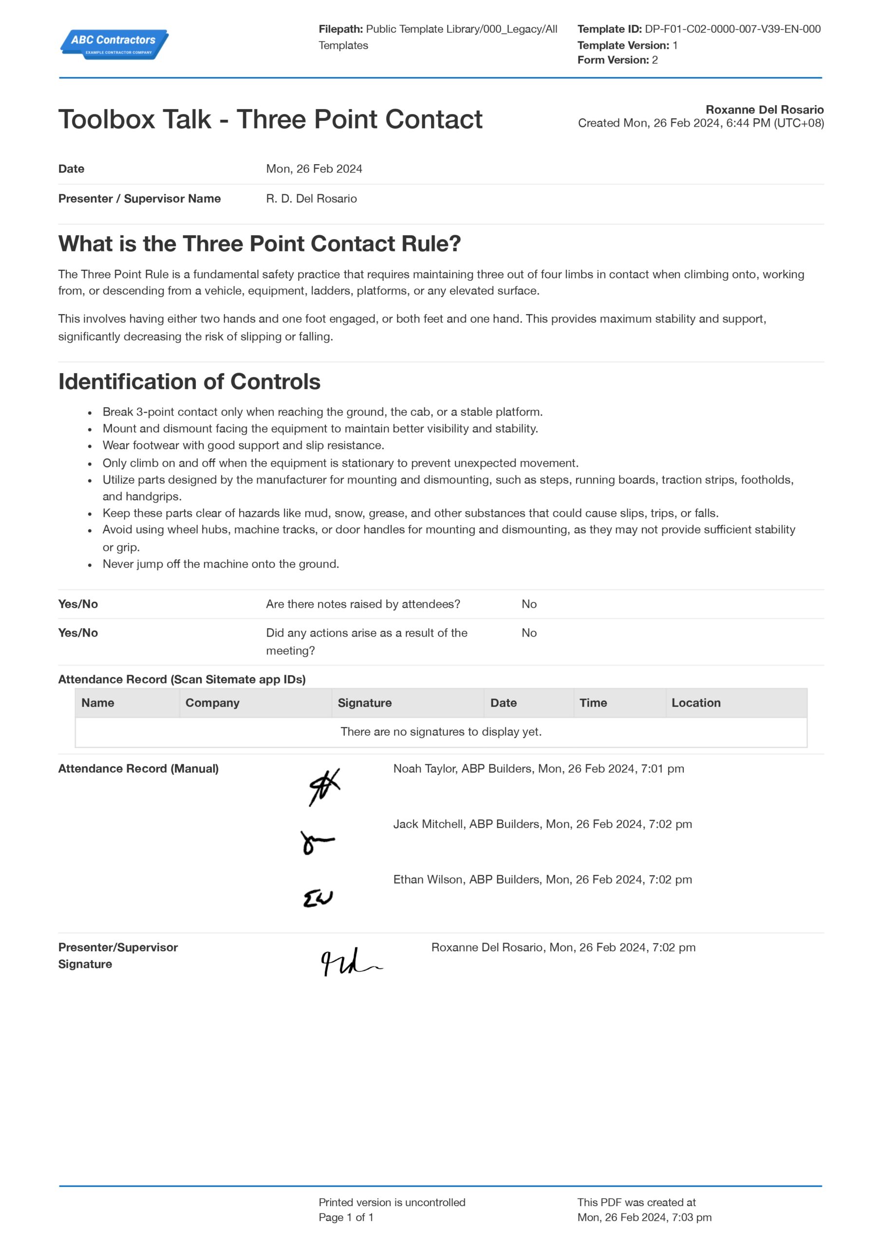 Toolbox talk three point temaplte contact