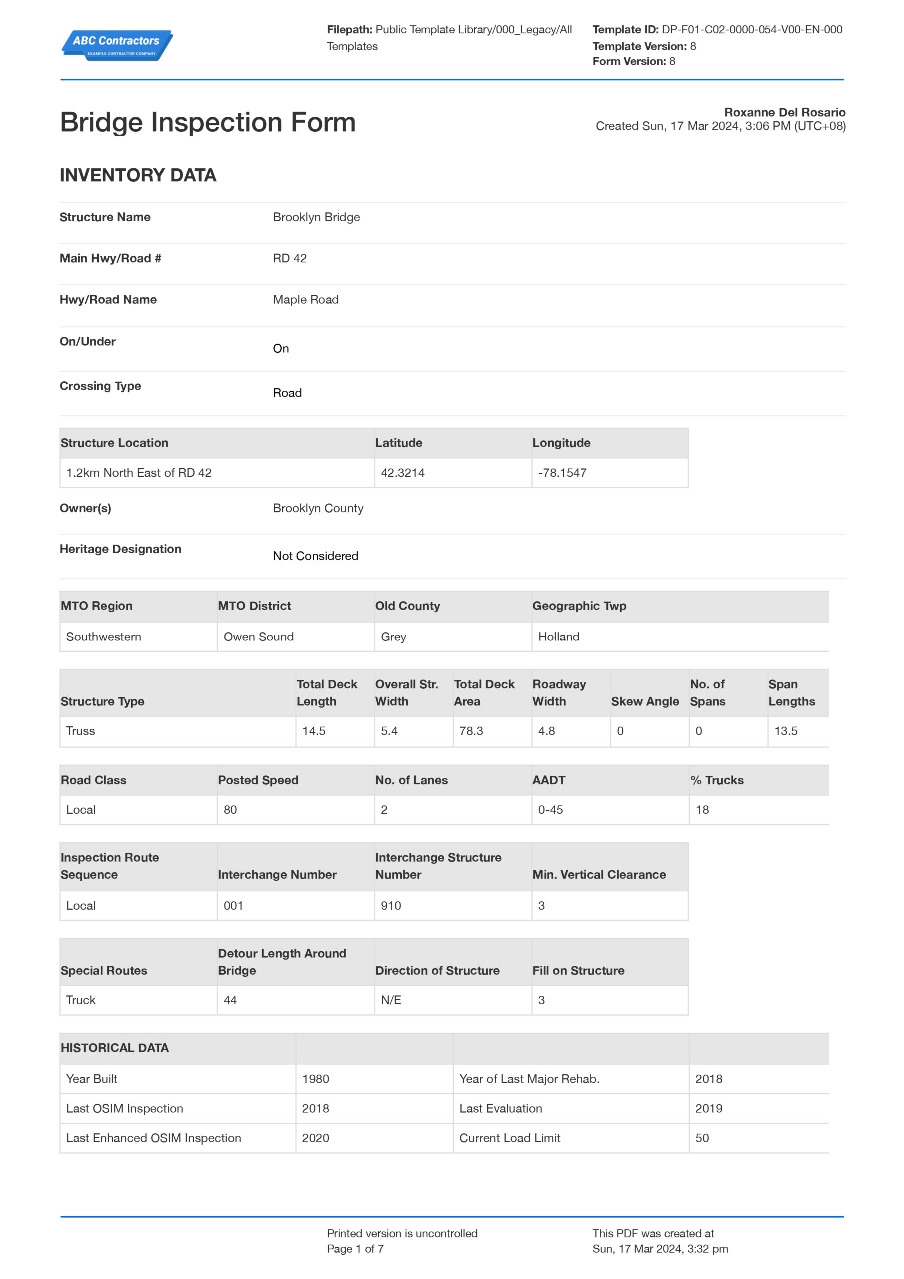 Bridge inspection checklist report template
