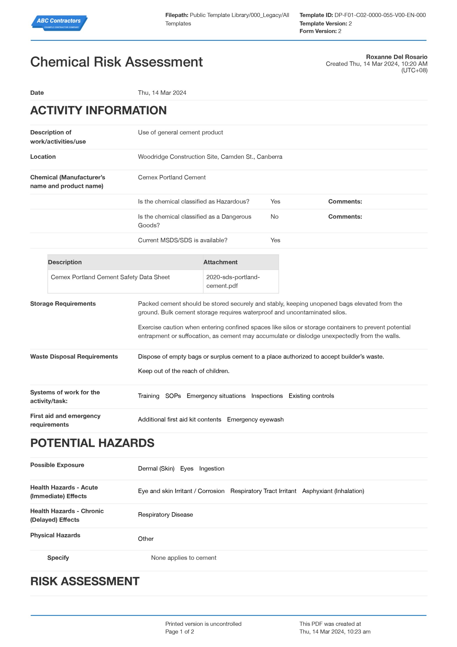 Chemical risk assessment form template