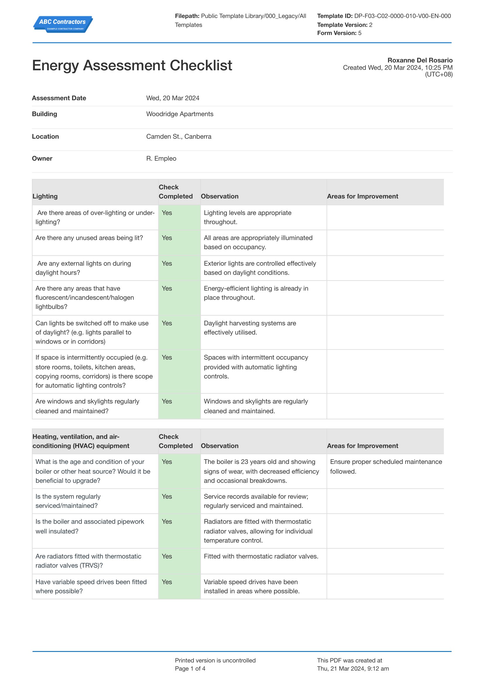 Energy Assessment Checklist template