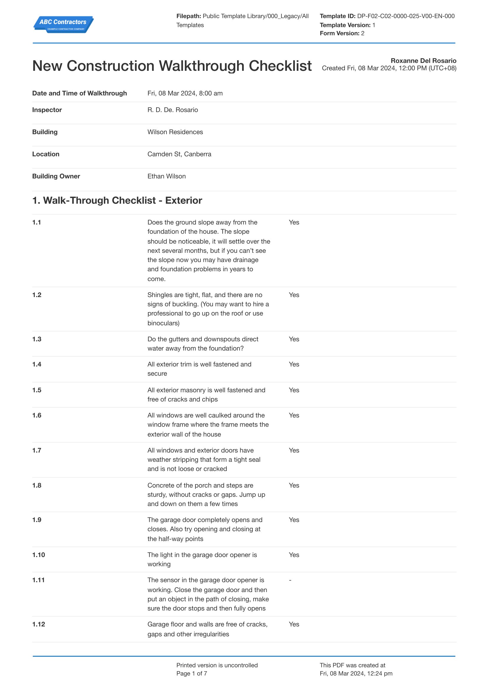New construction walkthrough checklist