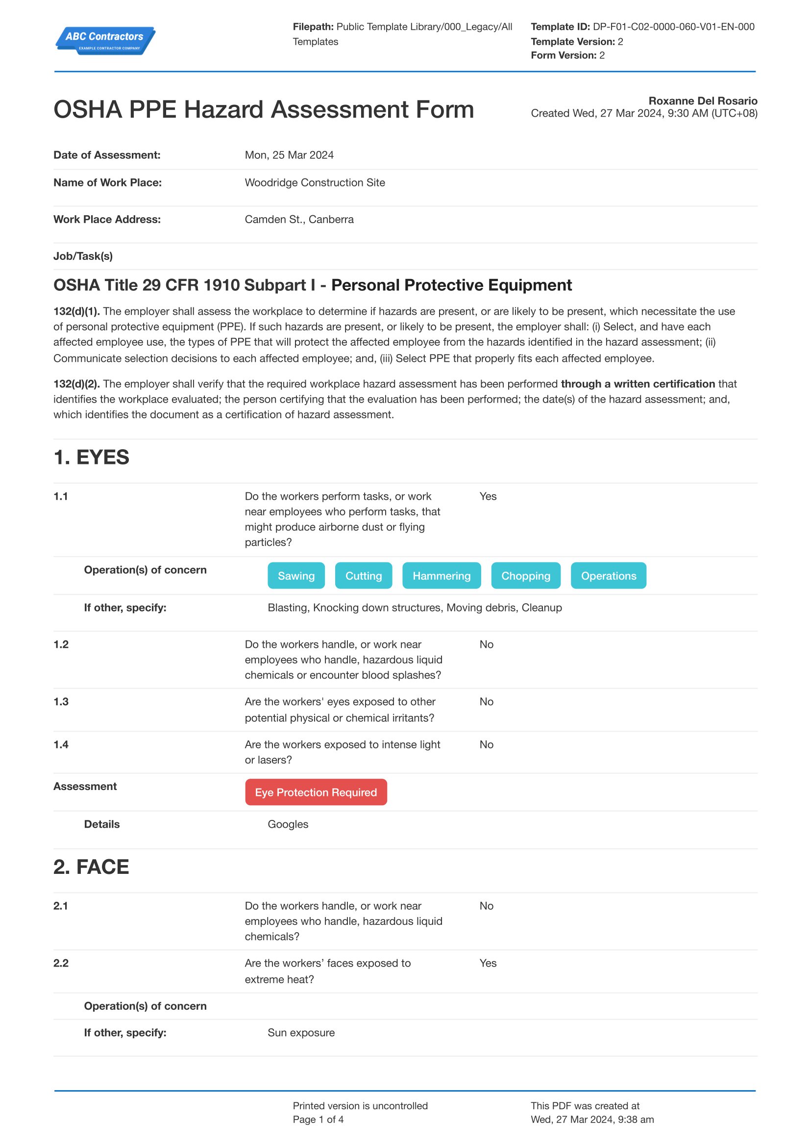 PPE hazard assessment example form