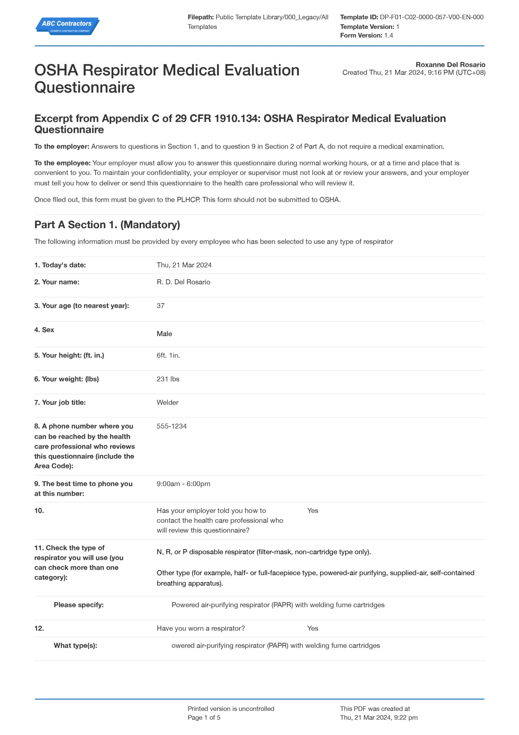 OSHA respirator medical evaluation questionnaire template