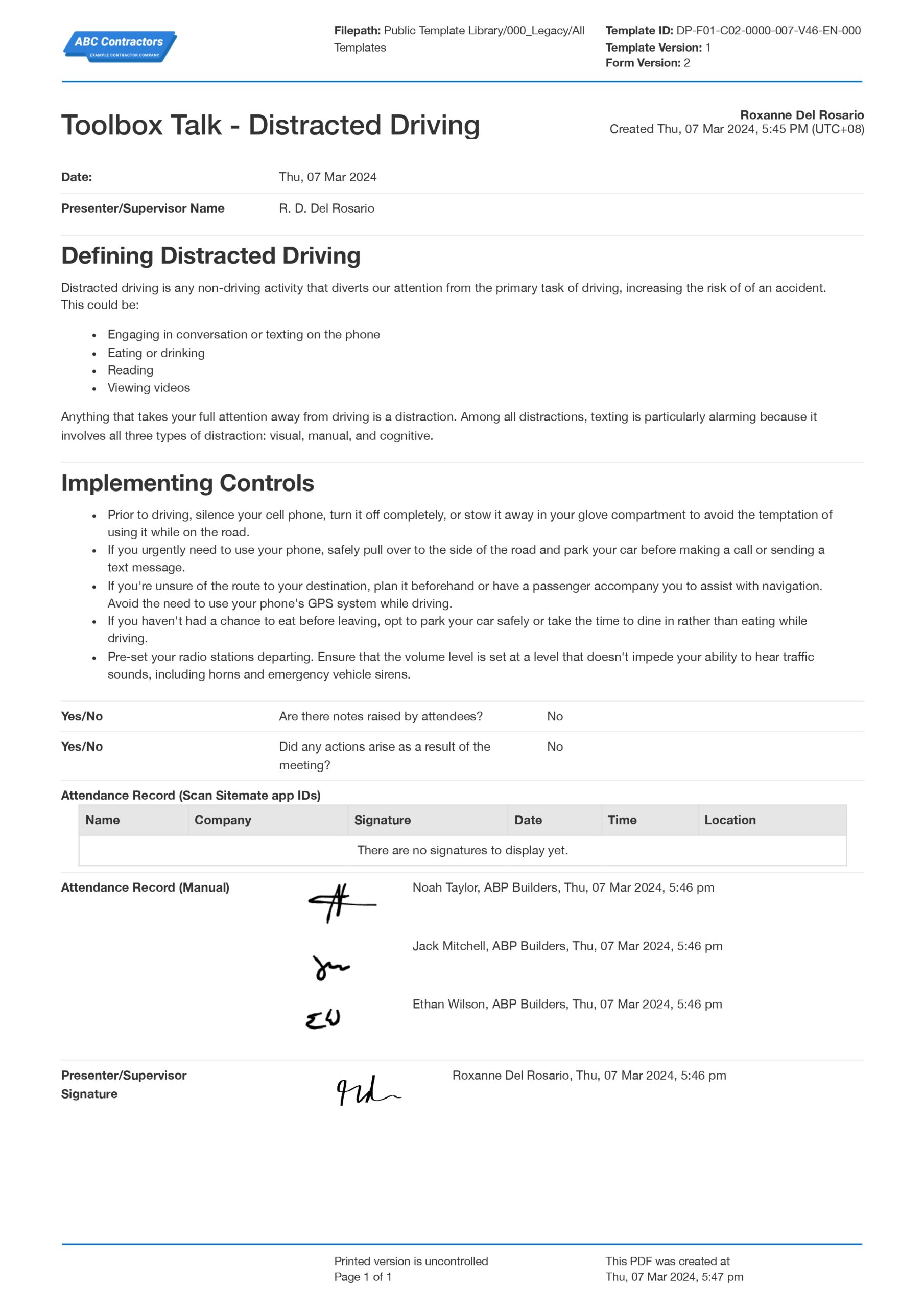 Toolbox talk distracted driving