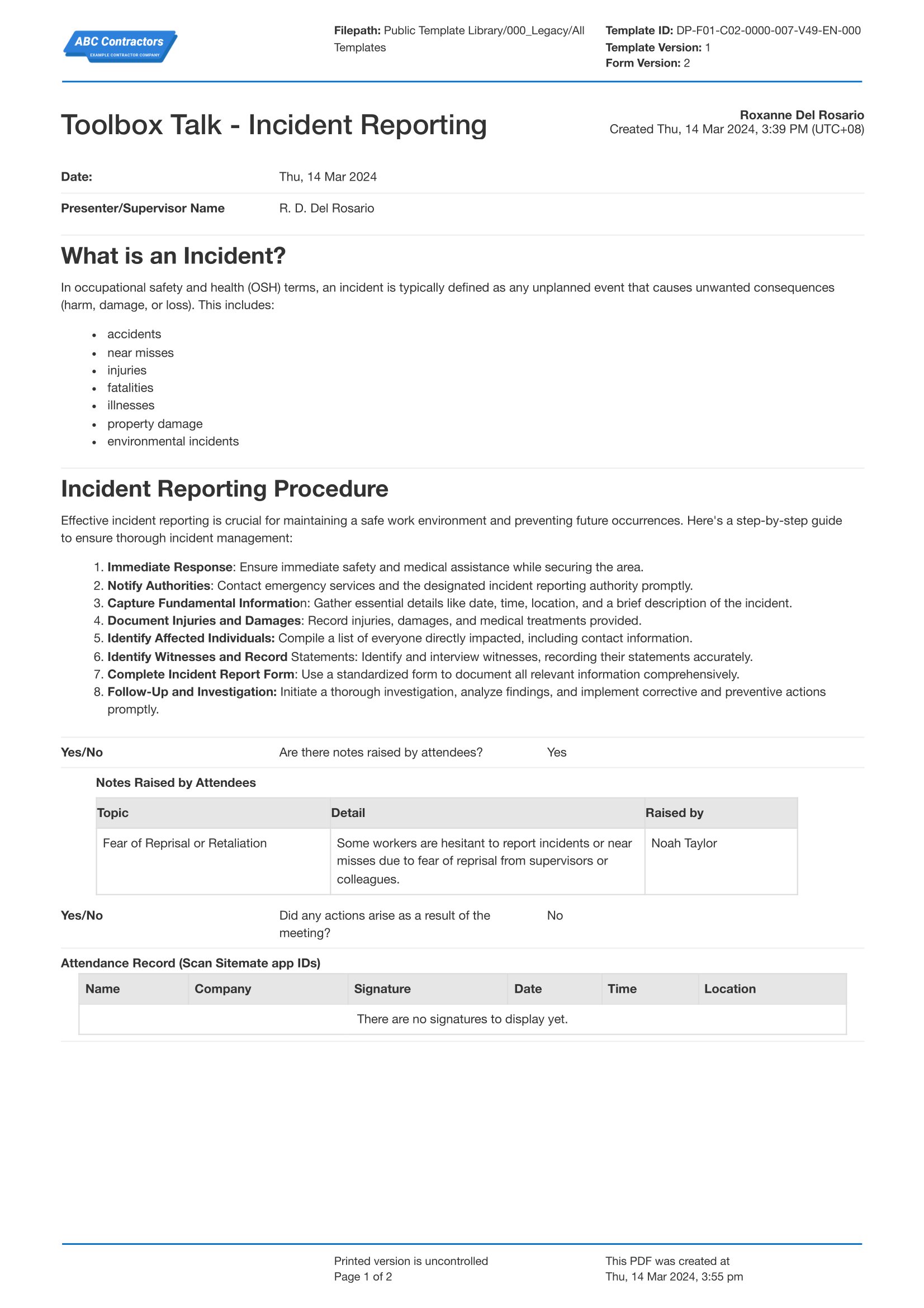 Toolbox Talk Incident Reporting Template