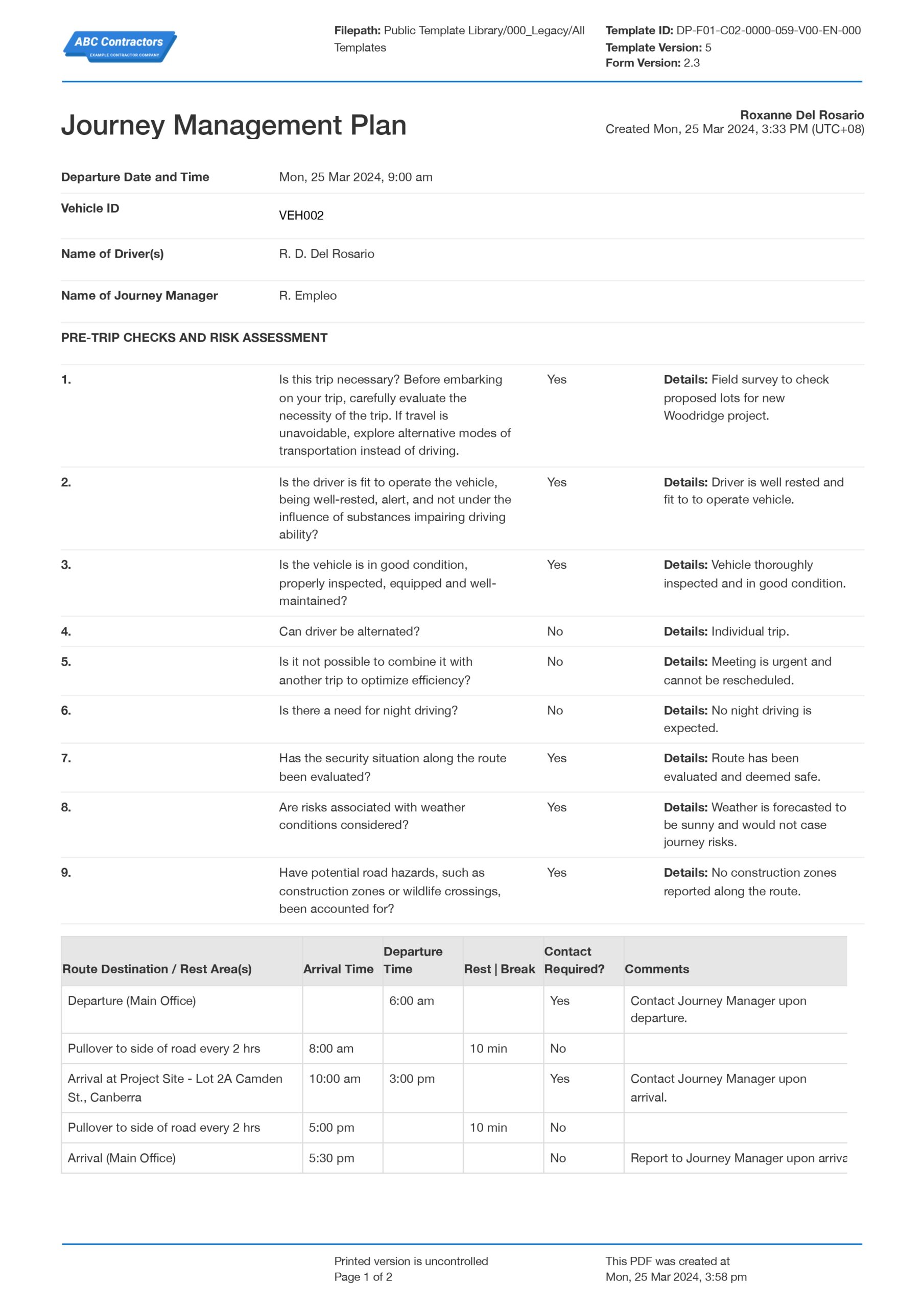 Journey management plan template