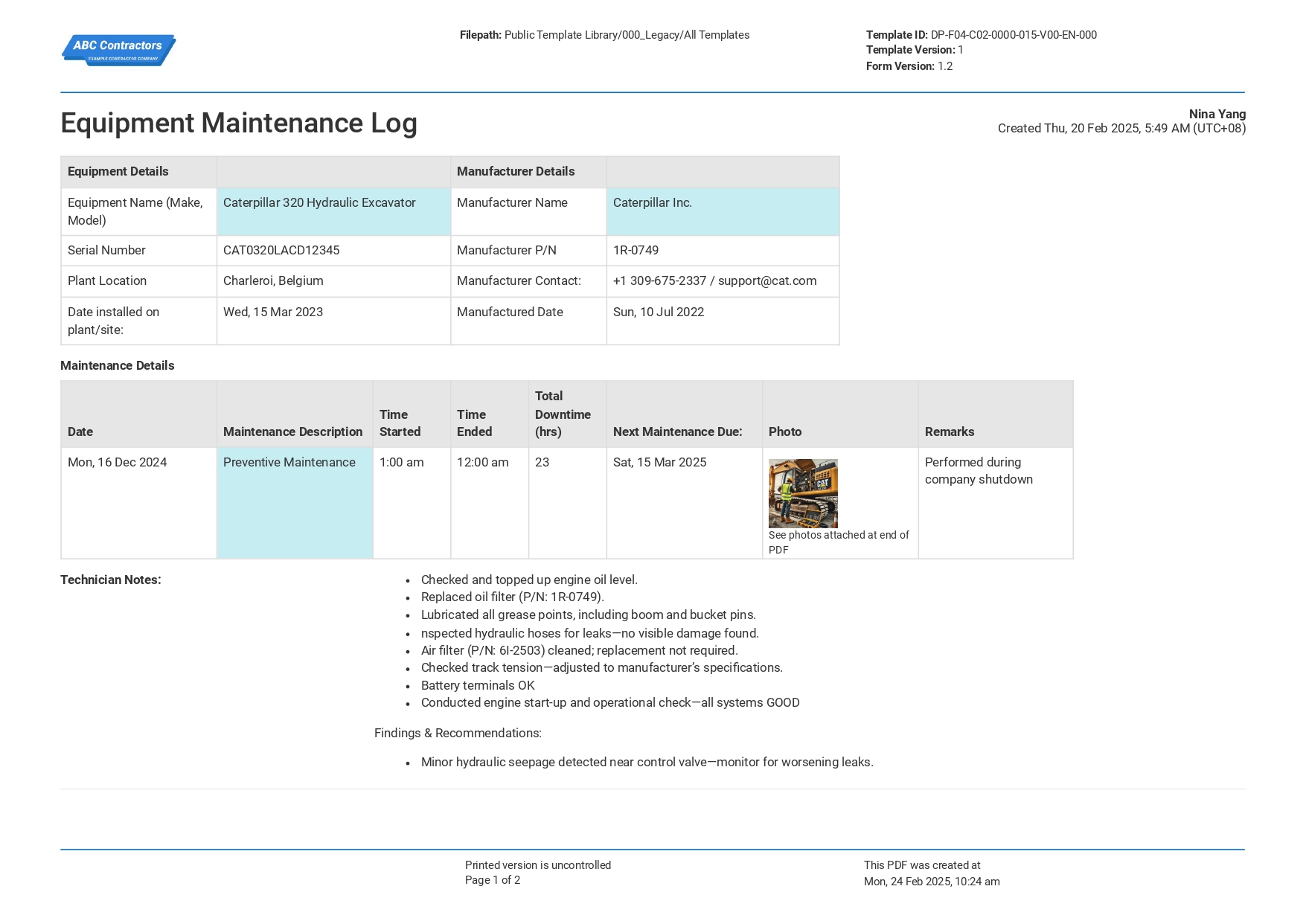 Equipment maintenance log template