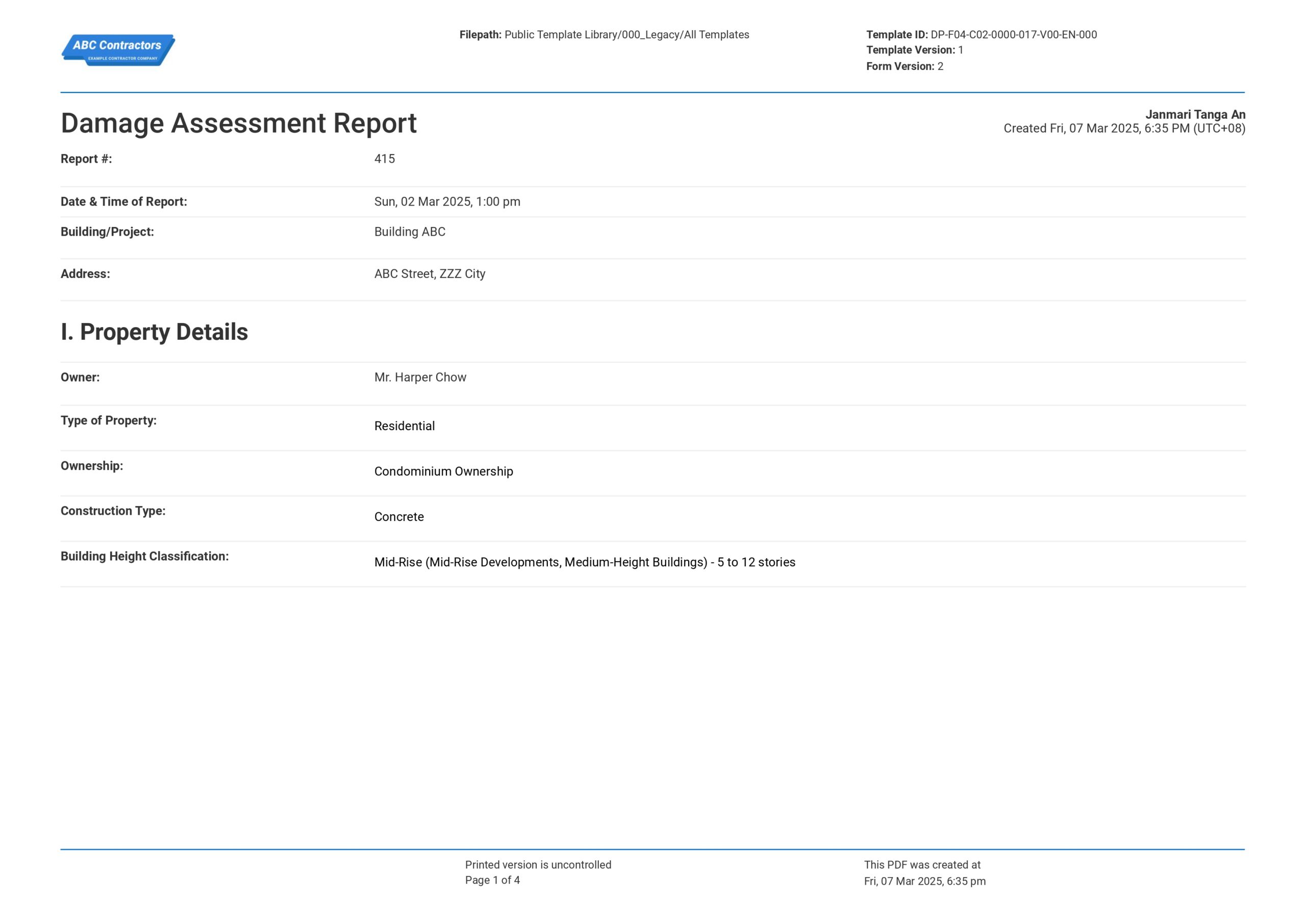 Damage assessment report template and sample PDF