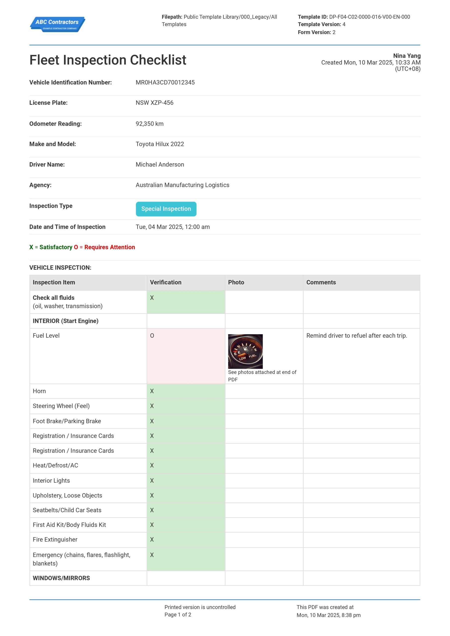 Fleet Inspection Checklist template