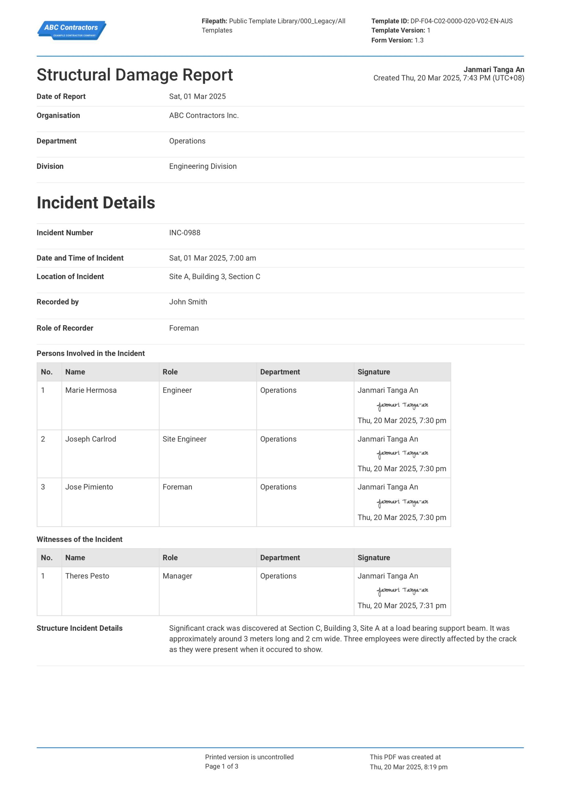 Structural damage report template