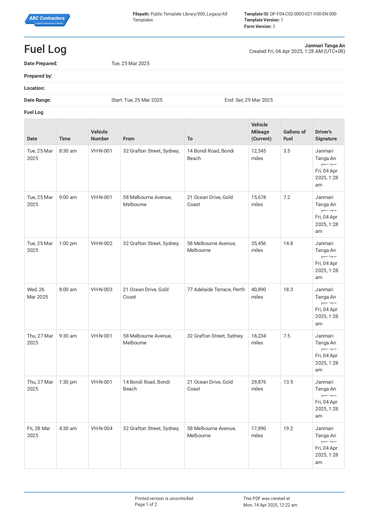 Fuel Log Template PDF
