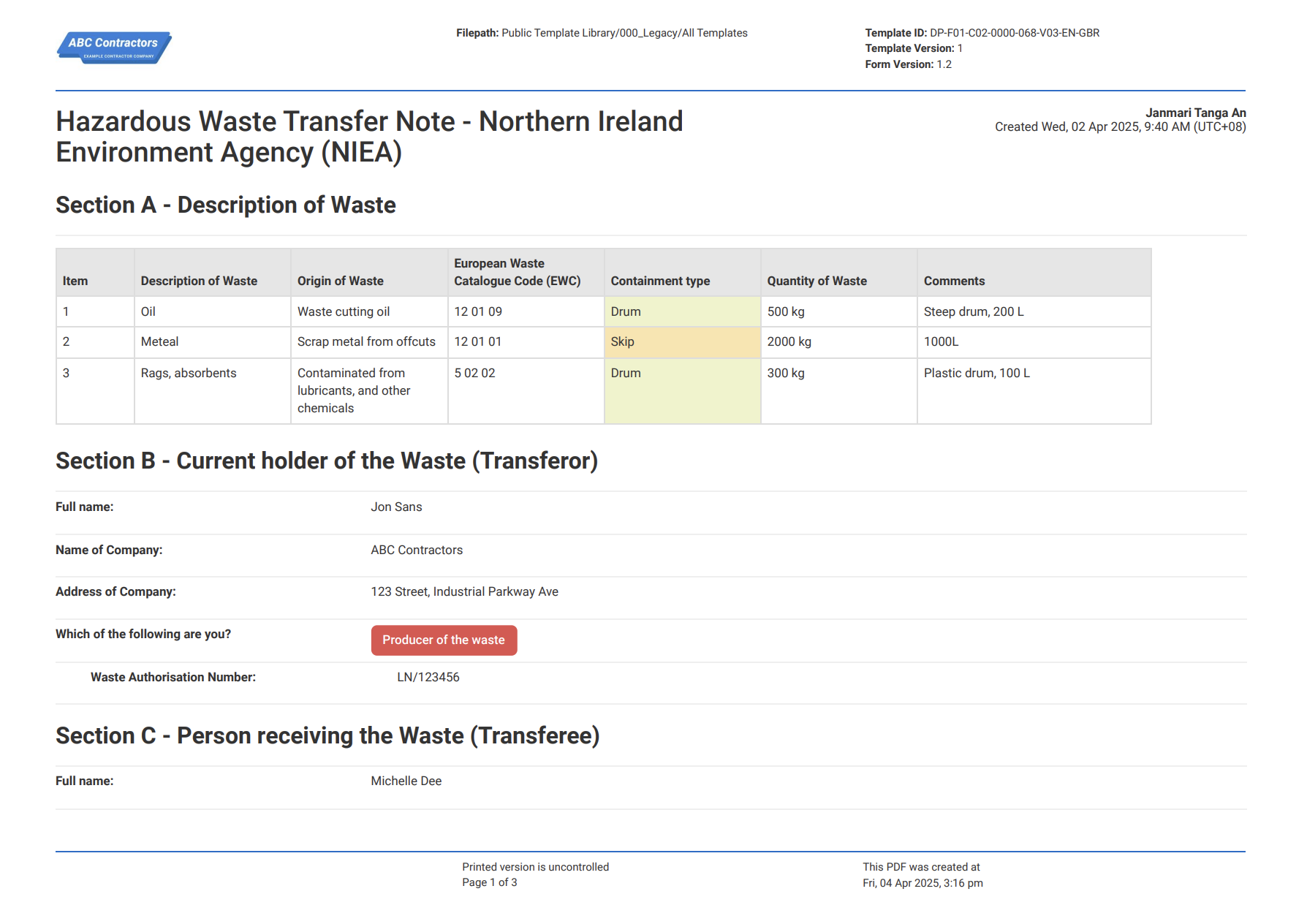 Hazardous Waste Transfer Note - Northern Ireland Environment Agency (NIEA)