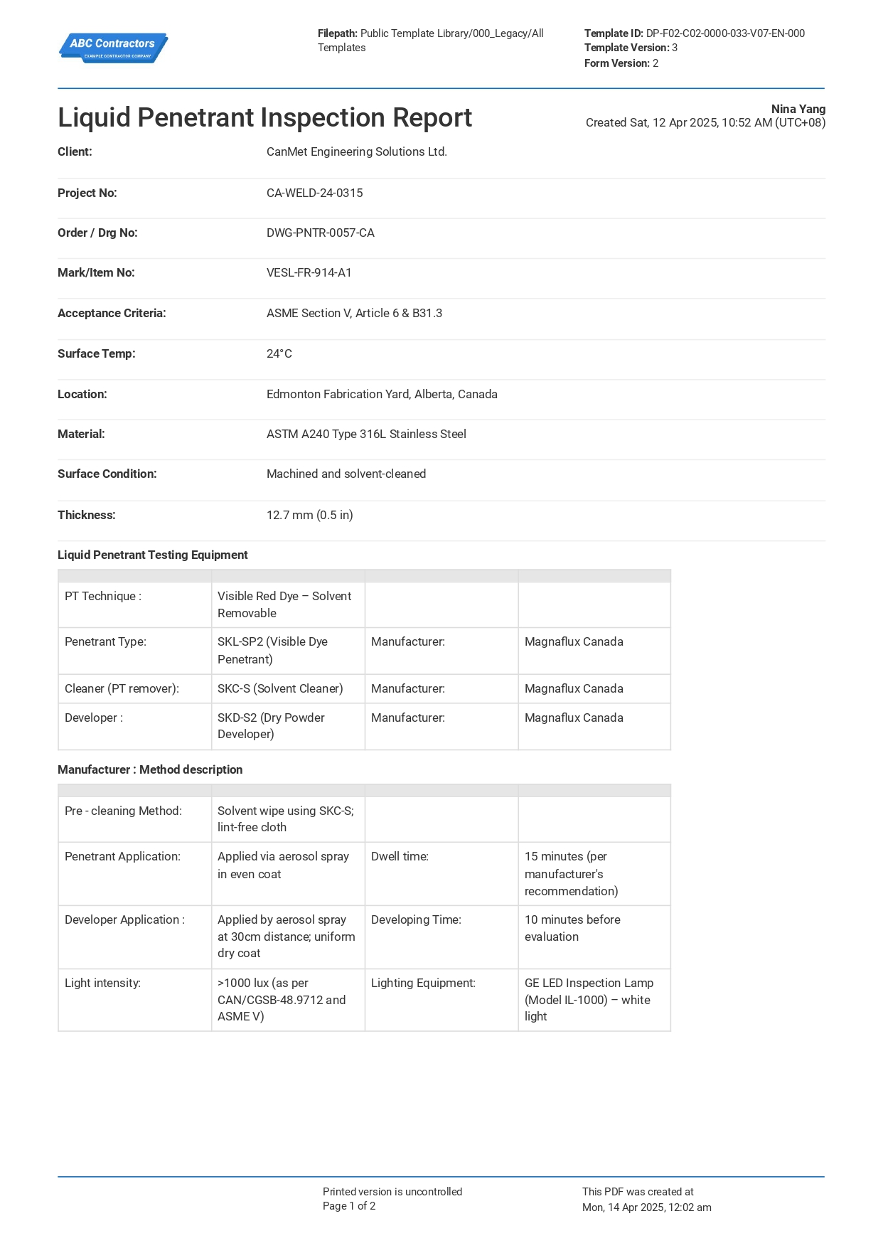 Liquid Penetrant Inspection Report sample PDF